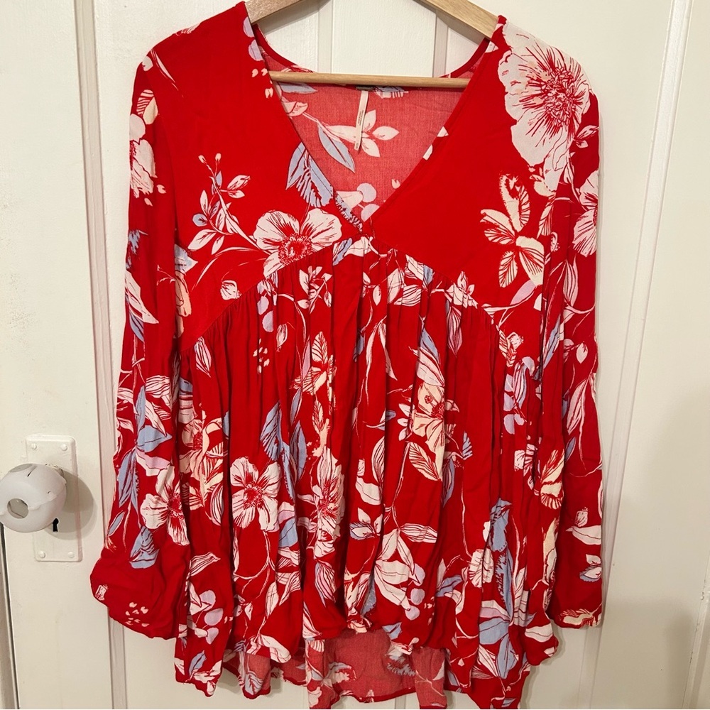 Free People Bella Floral Long Sleeve Peplum Pleated Tunic Dress Boho Red XS